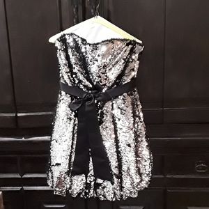 Ladies Silver & Black Strapless Sequined Dress